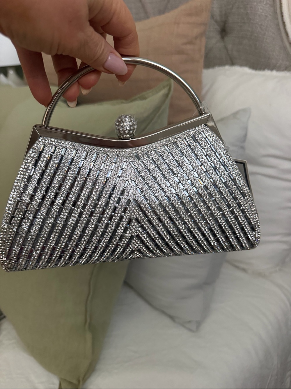 Silver Crystal-Embellished Evening Top-Handle Clutch
